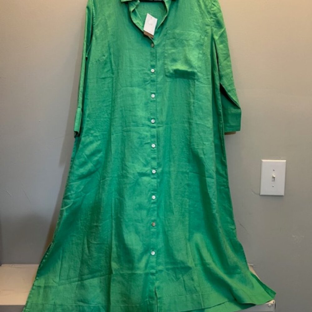 J. Jill Love Linen Shirt Dress Ocean Green Button Down Midi, Size M, NEW